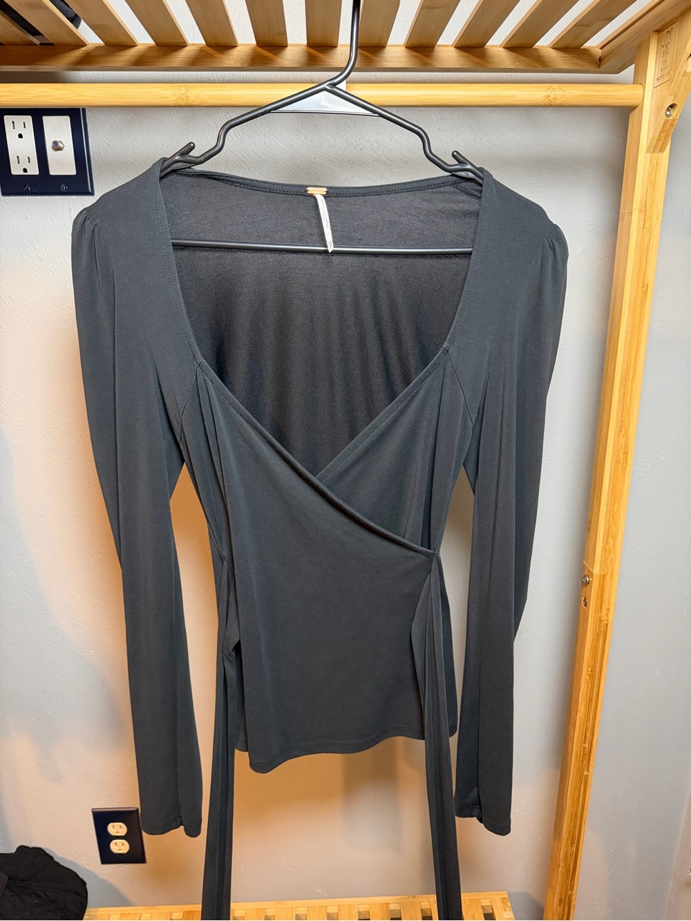 Free People Black Wrap-Style Long Sleeve Top